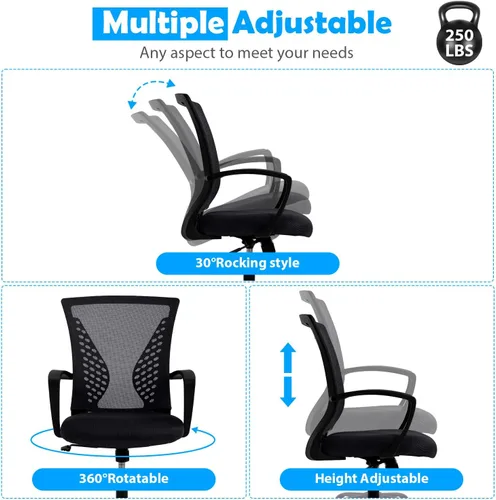 Vista 6 de Silla de oficina ergonómica con soporte lumbar, silla de computadora de malla ajustable para oficina en casa, silla giratoria de respaldo medio