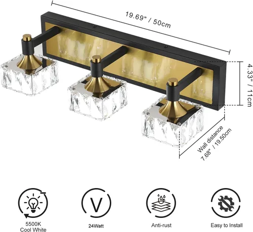 Vista 5 de Lámpara de baño de 3 luces sobre el espejo, luz LED regulable para tocador de baño con pantalla de cristal, lámpara de pared moderna negra y dorada
