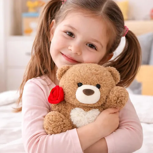 Vista 6 de Juguete de peluche de oso de peluche, oso de rosa y corazón, juguete de peluche romántico, perfecto para cumpleaños de niños y niñas (marrón)