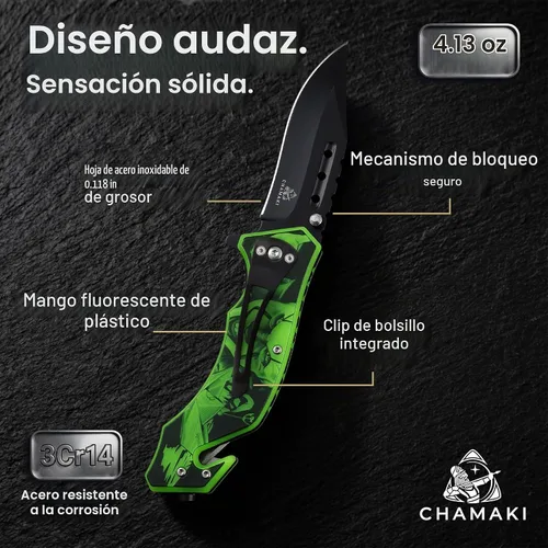 Vista 3 de Cuchillo de bolsillo de rescate – Cuchillo plegable manual con mango que brilla en la oscuridad, rompecristales, cortador de cinturón de seguridad