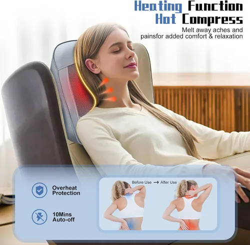 Vista 3 de Masajeador de espalda y cuello recargable con calor, almohada de masaje 4D de tejido profundo para aliviar el dolor, masajeador eléctrico