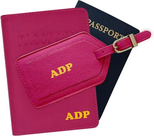 Vista 13 de Soporte personalizado de cuero con monograma RFID para pasaporte y etiqueta de equipaje, montura antigua, Juego de funda para pasaporte y etiqueta