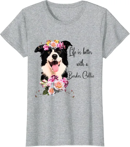 Vista 36 de Life is Better With a Border Collie - Camiseta de perro lindo con flores, gris, S Gris Oscuro