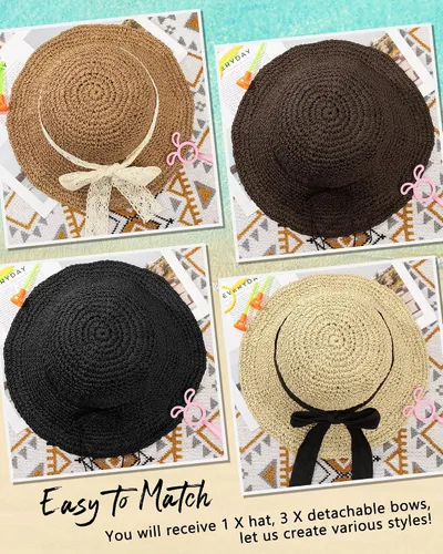 Vista 6 de Sombreros de sol para mujer, sombrero de pescador de paja de ala ancha de 2-Beige