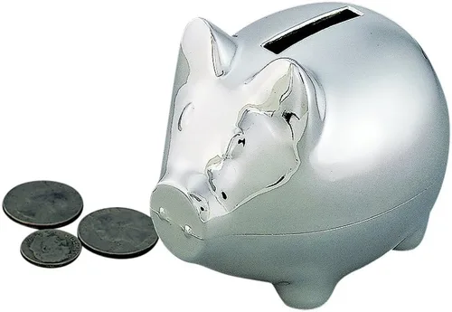 Vista 6 de Creative Gifts International Hucha pequeña de peltre de cerdo Alcancía de plata para niños o recién nacidos Acabado de níquel cepillado 3 x