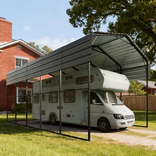 Vista 16 de PHI VILLA 10 x 15 Cochera metálica resistente con techo de acero galvanizado con kit de cierre lateral, cochera metálica robusta para autos, botes