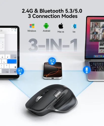 Vista 2 de TECKNET Ratón Inalámbrico, Ratón Bluetooth (BT5.0/5.0 & 2.4G) Ratón Óptico Ergonómico Recargable 4800 DPI con 6 Ajustables, Clics Silenciosos, Negro
