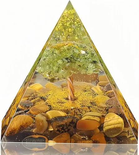 Vista 10 de Pirámide de orgón del árbol de la vida para energía positiva, peridoto de orgonita y cristal curativo de obsidiana para reducir el estrés