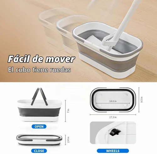 Vista 6 de Oshang Trapeador plano y cubo plegable OG7 con ruedas, 2 almohadillas de microfibra lavables reutilizables, color blanco puro
