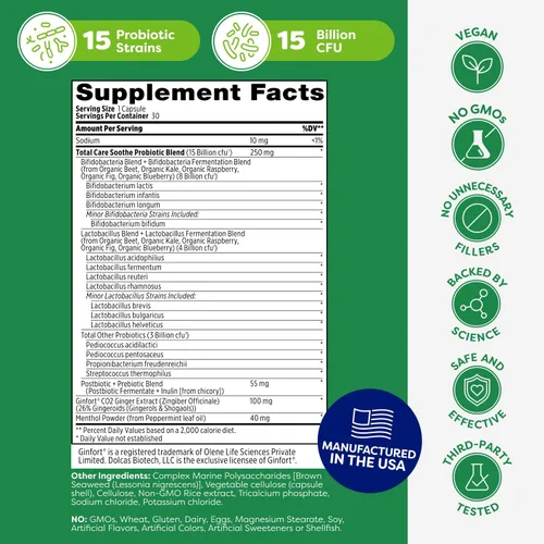Vista 7 de Probulin Total Care Soothe Prebiótico, probiótico y postbiótico + jengibre y menta para calmar la digestión, 15 mil millones de UFC, 15 cepas, 30