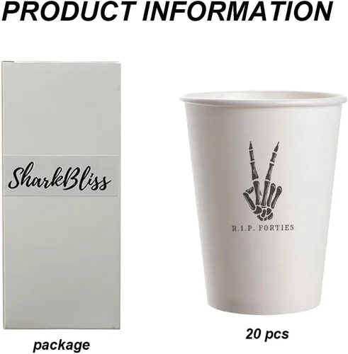Vista 3 de SharkBliss RIP Forties - Vasos de papel desechables para fiesta de 50 cumpleaños, paquete de 20 vasos de papel desechables de 9 onzas RIP 40