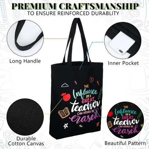 Vista 3 de 4 bolsas de lona negra para profesores con bolsillo interior, regalos de agradecimiento para profesores, los mejores regalos, bolsa de mano con cita