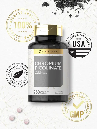 Vista 5 de Carlyle Picolinato de Cromo 200mcg 250 Tabletas Vegetarianas Alta absorción Suplemento sin OMG, sin gluten