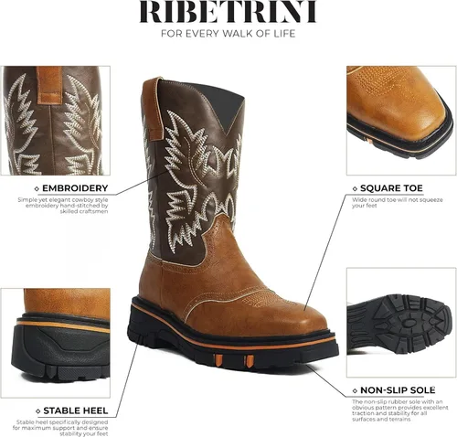 Vista 5 de Botas vaqueras bordadas para hombre, botas vaqueras duraderas con punta cuadrada, tacón grueso, plataforma de piel sintética, botas de media