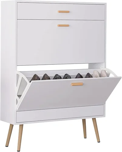 Vista 6 de Karl home Zapatero de entrada estrecho, zapatero independiente con 2 puertas abatibles, 1 cajón, organizador de almacenamiento oculto de madera