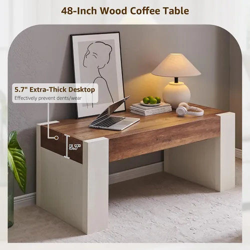 Vista 12 de OKD Mesa de café de 48" moderna estilo casa de campo, mesa de madera para sala de estar con cajón de almacenamiento oculto, mesas centrales