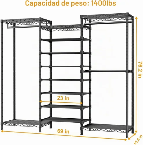 Vista 2 de E16 - Perchero de ropa resistente (con zapatero ajustable de 7 niveles), perchero independiente para colgar ropa, organizador de almacenamiento