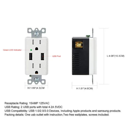 Vista 5 de LEOD 4.2A 5V Smart High Speed 2 USB Cargador de pared con 2 tipos de placas de pared libres (estándar y sin tornillos incluidos), receptáculo USB