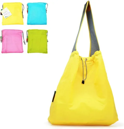 Vista 10 de Paquete de 4 bolsas de compras plegables de nailon Ripstop reutilizables con bolsa y bolsillo interior, cordón