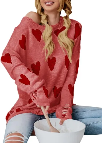 Vista 3 de Tutorutor Lindos suéteres para mujer con estampado de corazón de amor holgado con hombro descubierto top de punto de San Valentín