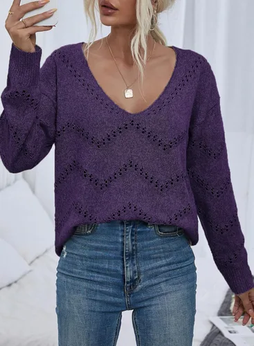 Vista 3 de EVALESS Suéter de ganchillo para mujer, suéter de manga larga con huecos, trajes de otoño a la moda 2023