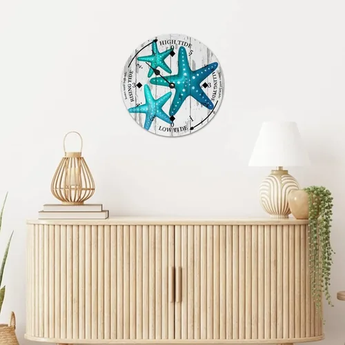 Vista 5 de Reloj de marea de estrella de mar oceánico, silencioso sin tictac, funciona con pilas, reloj de marea de madera, arte de pared, reloj de movimiento