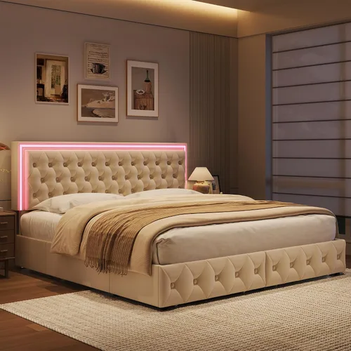 Vista 9 de Keyluv - Base de cama tapizada completa con LED, con 4 cajones, cama de plataforma de terciopelo con cabecera ajustable tapizada con botones