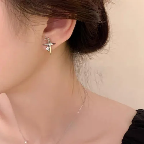 Vista 6 de Aretes de estrella para mujer, hipoalergénicos de plata de ley 925, aretes de estrella, Plata, Circonia cúbica