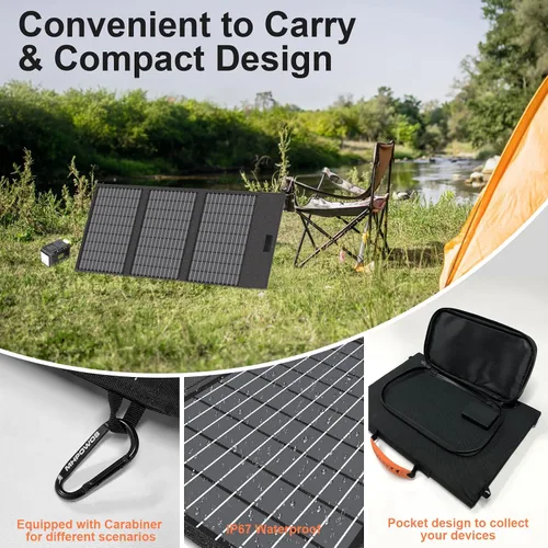 Vista 4 de Cargador de panel solar portátil de 45 W con USB-C, USB-A y salidas DC de 18 V, paneles solares plegables impermeables IP67 con un soporte