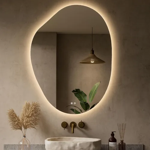 Vista 13 de Keonjinn Espejo de baño retroiluminado asimétrico de 22 x 30 pulgadas con luces, espejo LED irregular con vidrio templado HD, controlador LED