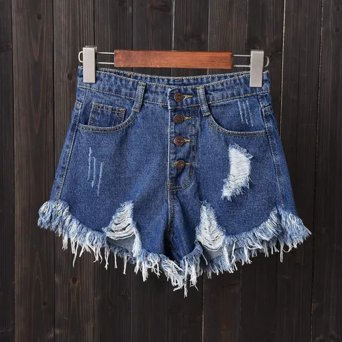 Vista 2 de Swbreety Pantalones cortos de mezclilla elásticos con dobladillo deshilachado y cintura alta para mujer