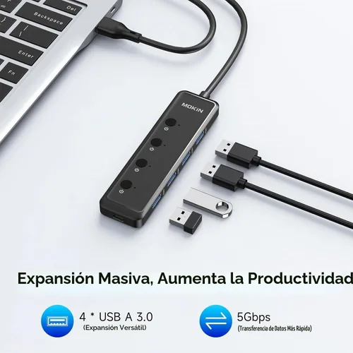Vista 4 de MOKiN Concentrador USB 3.0, extensor USB de datos ultra delgado de 5 puertos con 4 puertos USB A 3.0 + puerto de alimentación USB C para laptop
