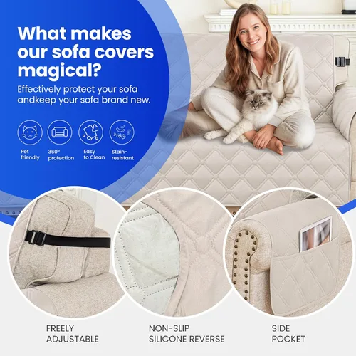 Vista 6 de XINEAGE Funda impermeable para sillón, funda para sofá de 1 plaza con correas elásticas y bolsillos, triple protección antideslizante, lavable