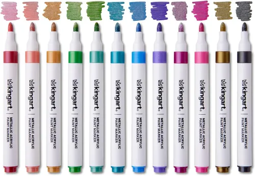 Vista 2 de KINGART Marcadores de pintura acrílica 409-24M con estuche de almacenamiento, 24 colores metálicos Tinta a base de agua con punta de bala de 0.079
