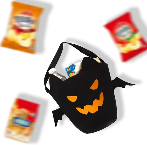 Vista 4 de Cubo de Halloween para truco o trato para niños, cesta espeluznante de murciélagos y caramelos, multiusos, portátil, reutilizable, cubo de golosinas