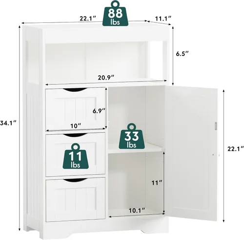 Vista 3 de JUMMICO Armario de suelo de baño, organizador de almacenamiento independiente de madera con 1 puerta y 3 cajones, armario de almacenamiento de baño