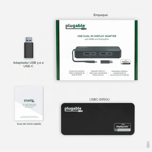 Vista 8 de Plugable Adaptador de monitor dual DisplayPort y HDMI 4K para USB 3.0 y USB-C, compatible con Windows