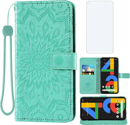 Vista 11 de Asuwish Funda de teléfono para Google Pixel 4a 4G con protector de pantalla de vidrio templado, funda delgada de piel con diseño de girasol, soporte