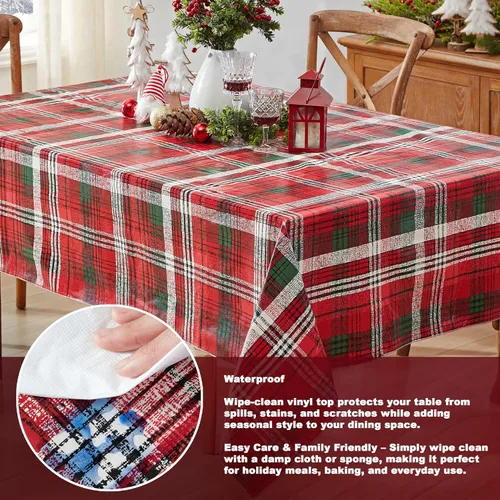 Vista 3 de Newbridge Burke - Mantel de vinilo con estampado navideño de cuadros rojos y verdes, clásico de Navidad, fácil cuidado, cuadrado de 52 x 52