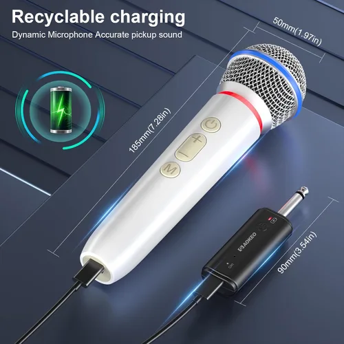 Vista 5 de Aokeo Micrófono inalámbrico con receptor recargable, micrófono de karaoke de mano dinámico UHF, rango de 100 pies, para altavoz amplificador