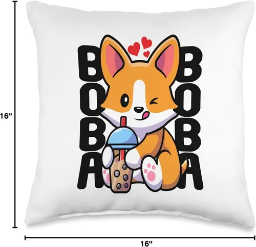 Vista 4 de Adorable Corgi Doggy Furry Mammals Pedigree Canine Kawaii Boba Dog Corgi Drink Lindo Anime Bubble Tea - Almohada de corazón, 16 x 16 pulgadas