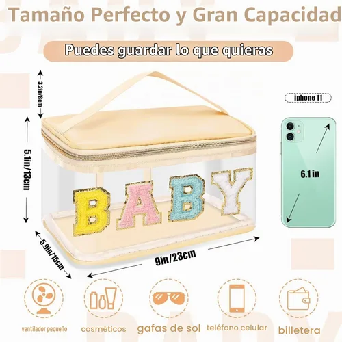 Vista 2 de izuzta Bolsas de maquillaje transparentes con letras de chenilla, bolsa de maquillaje de parche preppy con asa