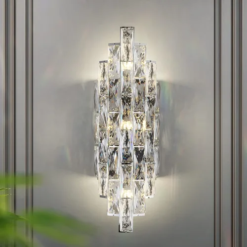 Vista 8 de Aplique de pared de cristal cromado de 6 capas, elegante y moderno, adecuado para baño, escalera, cocina, sala de estar, dormitorio, pasillo, 60 W