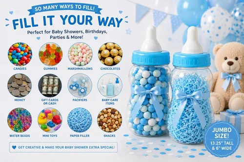 Vista 5 de Evershine Banco de biberones de plástico, banco de ducha de bebé rellenable azul de 13 pulgadas, centro de mesa de botella de plástico Jumbo Baby