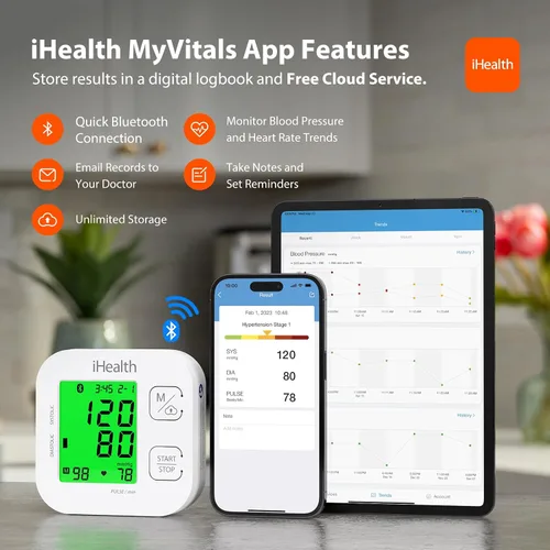 Vista 4 de iHealth Track Smart Monitor de presión arterial de brazo superior con manguito de amplio rango que se adapta a brazos de adulto estándar a grandes