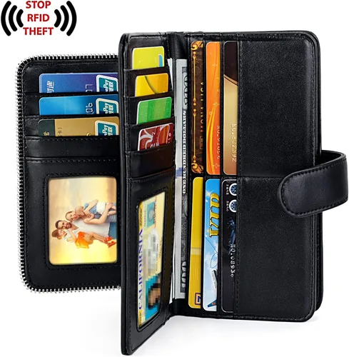 Vista 3 de UTO Cartera de cuero vegano para mujer, cartera larga con broche de presión, tarjetero de crédito, elegante embrague