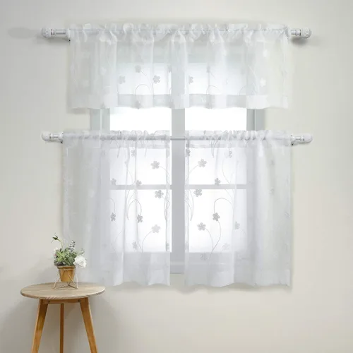 Vista 30 de VOGOL Juego de cortinas transparentes bordadas y cenefas para sala de estar, con bolsillo para barra blanca, par de cortinas traslúcidas