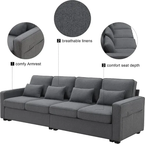 Vista 3 de Quarte Sofá modular moderno de 4 plazas con bolsillos para reposabrazos y 4 almohadas, sofá minimalista de tela de lino para sala de estar Gris