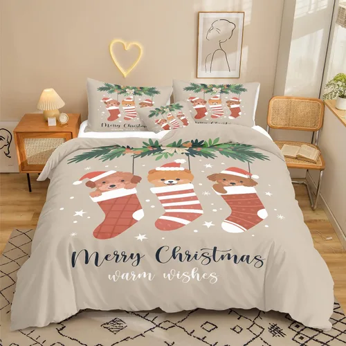 Vista 50 de Juego de ropa de cama de Navidad con funda de edredón de copos de nieve, color blanco y rojo, con estampado navideño, juego de ropa de cama festiva