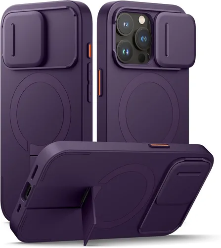 Vista 65 de SURITCH Funda para iPhone 12/12 Pro con cubierta magnética para cámara deslizante y soporte ajustable, compatible con MagSafe, funda protectora Negro
